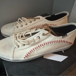 Keds Cream Canvas Sneakers with Red Stitching